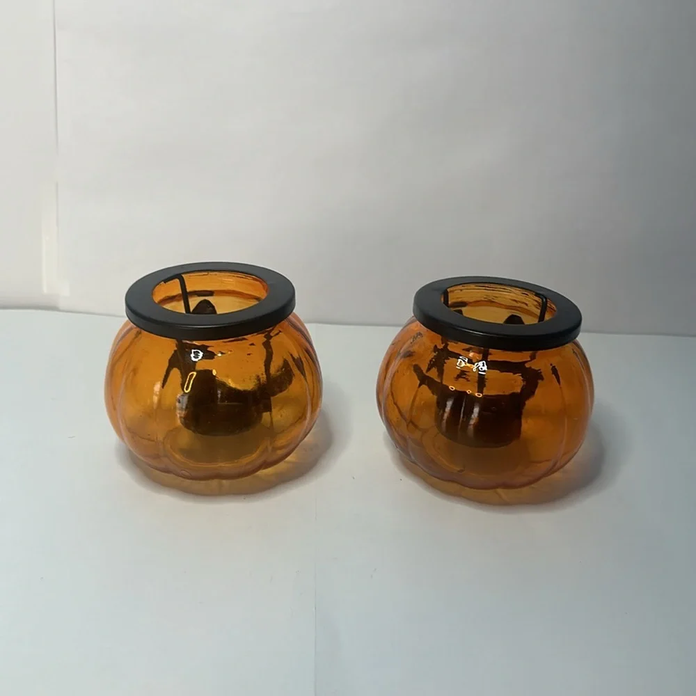 2pc Orange Glass Pumpkin Jack-O-Lantern Tea Light Candle Holders Halloween Decor